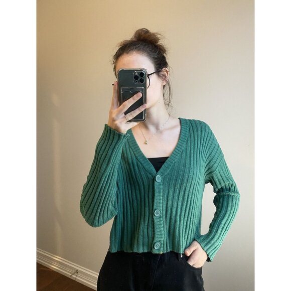 Green Cropped button Cardigan Size M - Picture 1 of 8